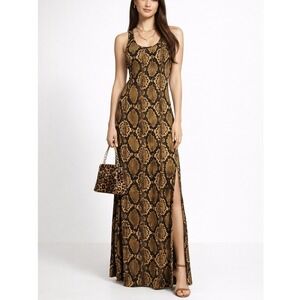 Michael Kors Snakeskin Maxi Dress Sz XL Brown Long Snake Animal Print Sleeveless